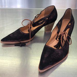 Made in France, Burgundy heels with tassel ties. 2 3/4” heels. Ultra comfortable